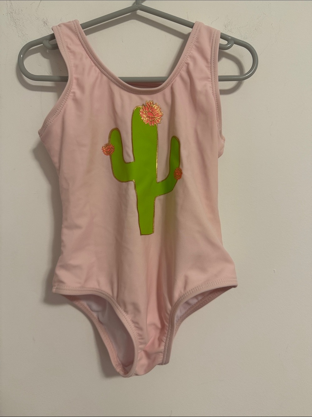 Kids Pink One-Piece Swimsuit with Green Cactus Applique
